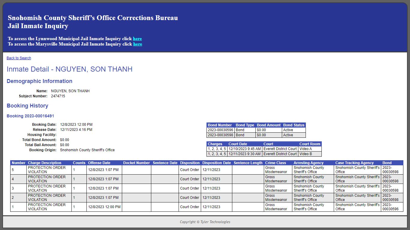 Inmate Detail - NGUYEN, SON THANH - Snohomish County Jail Register