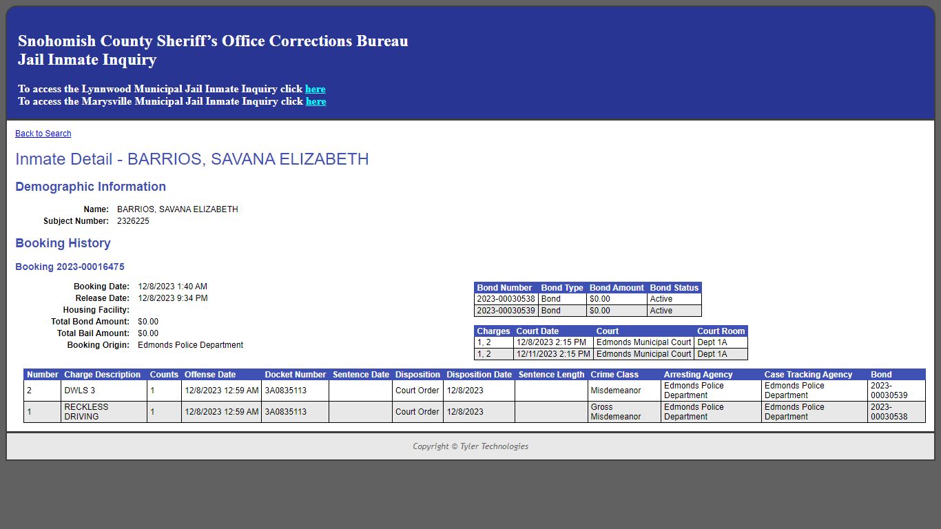 Inmate Detail - BARRIOS, SAVANA ELIZABETH - Snohomish County Jail Register