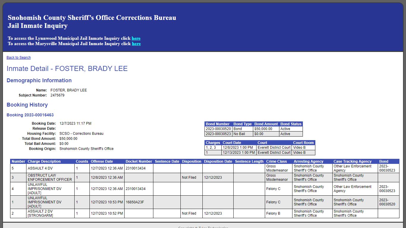 Inmate Detail - FOSTER, BRADY LEE - Snohomish County Jail Register