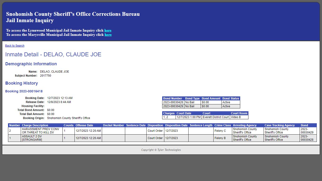 Inmate Detail - DELAO, CLAUDE JOE - Snohomish County Jail Register